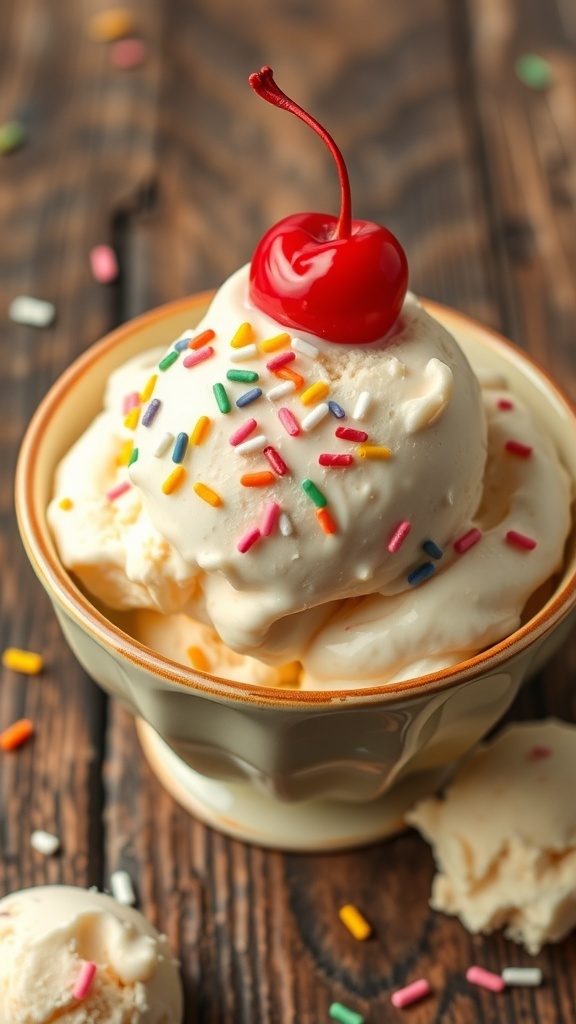 A bowl of vanilla ice cream with sprinkles and a cherry on top, served on a wooden table.